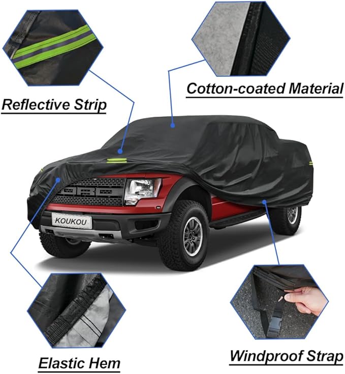 KouKou Truck Cover Waterproof All Weather, 7 Layers Heavy Duty Pickup Cover Outdoor Length from 229 to 242 inches,Universal Fit Truck Ford 150,Ram 1500,Chevy Silverado,Toyota Tundra etc.