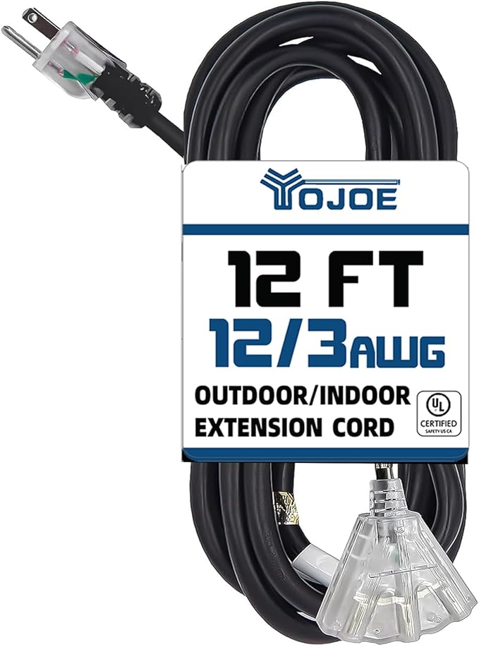 YOJOE 3-Outlets Indoor Outdoor Extension Cord with Lighted End, 3 Prong 15A Weatherproof Power Cord, 12 Gauge Heavy Duty 12 ft Black Extension Cord Multiple Outlets, 12/3 SJTW UL Listed