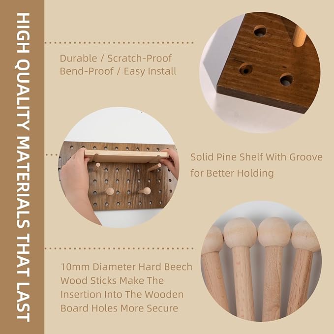 Brown Wood Pegboard Modular Display Wooden Pegboard Combination Wall Organizer Storage Wall Hooks Shelf for Home, Office, Bathroom, Comes with 2 Pieces Pegboards