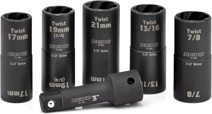 NEIKO 02340A Twist Socket Set, 6 Pc Lug Nut Extractor, SAE & Metric, 1/2 Inch Dr. Impact Flip, 6 Point, CR-Mo Steel Wheel, 3" Impact Extension Bar, Black