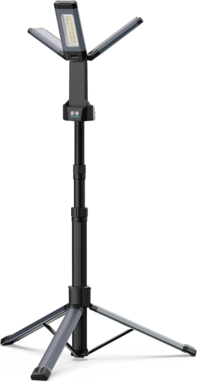 Rechargeable LED Work Light with Stand, 67" Tall Portable Cordless Work Light, 8AH Battery, 500/1500/2500 Lumen, 4000/6500K Dimmable Camping Light with Detachable Tripod Grey (Carrying Bag Included)