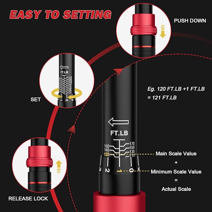 VANPO 1/2-inch Drive Click Torque Wrench,10-170 Ft-Lb/13.6-230.5 Nm, Adjustable Torque Wrench Set with 1/2" to 3/8" Adapter, 125mm Extension Bar, 72-Tooth Torque Wrench for Moto, Car Maintenance
