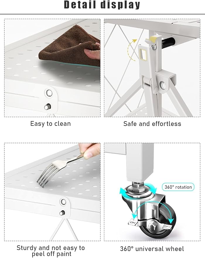 Lanstics 3-Tier Foldable Standing Shelf Units with Wheels, Industrial Style, Heavy Duty Metal Storage Shelves for Home, Kitchen, Bedroom