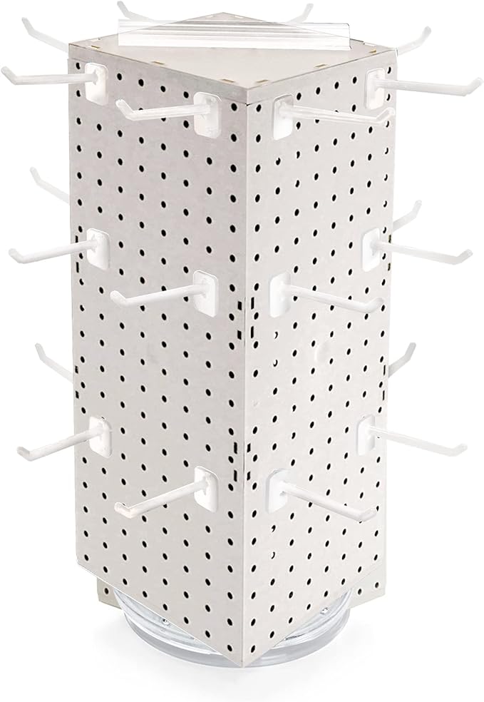 Azar Displays 703385-WHT-4W24, Four-Sided Revolving 8"W x 20"H Pegboard Counter Display w/ 24 Hooks- 4” Length, White