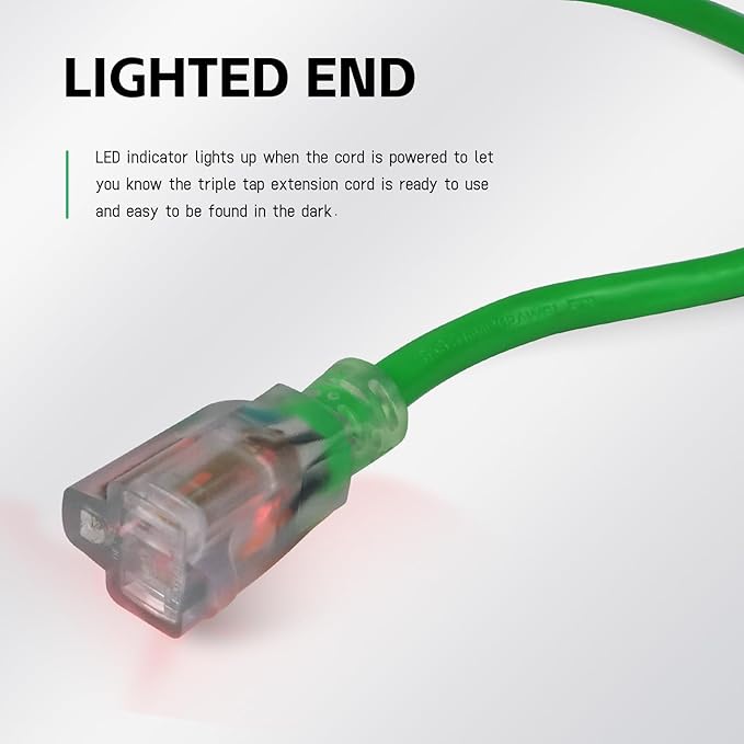 EP 15 Ft Outdoor Extension Cord, 12/3 SJTW Heavy Duty Waterproof Power Cable, 3 Prong Grounded Plug, Lighted End, for Lawn, Garden, Appliances, Green