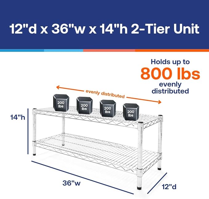 Shelving Inc. 12" d x 36" w Chrome Wire Shelving with 2 Tier Shelves, Weight Capacity 800lbs Per Shelf