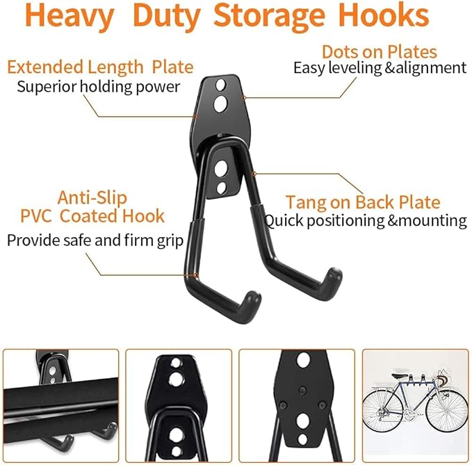 3-H Garage Wall Hooks Heavy Duty 8 Pack, Anti-Slip Steel Wall Mount Storage Hooks for Hanging Ladder Garden Yard Tools, Utility Organizer for Garage Lawn Shed(Black)
