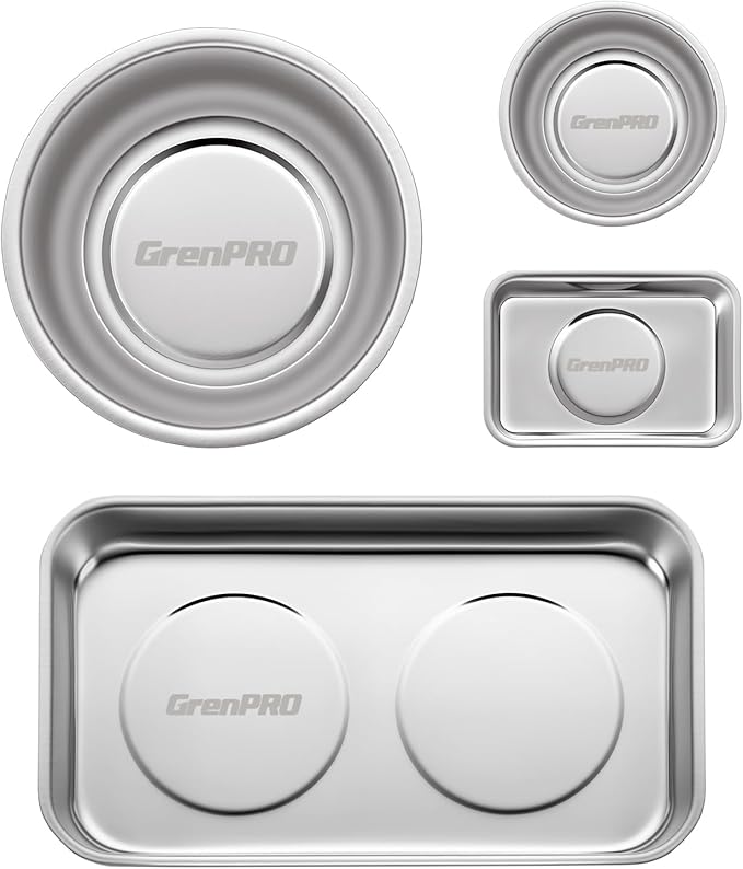 Magnetic Tray 4-Pack | Stainless Steel Magnetic Parts Trays | 3 Inch, 6 Inch, Square & Shallow Tray Set