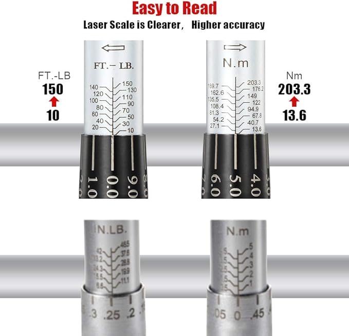 1/2-Inch Drive Click Torque Wrench (10-150 ft.-lb./13.6-203.3Nm) Dual-Direction Adjustable Torque Wrench Set