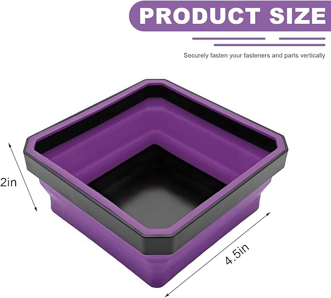 Collapsible Magnetic Parts Tray, 4.5" Square Silicone Metal Parts Organizer Double-Sided Magnet Bowl, Foldable Magnetic Tool Trays for Screws Bolts Nuts Washers Pins (Purple)