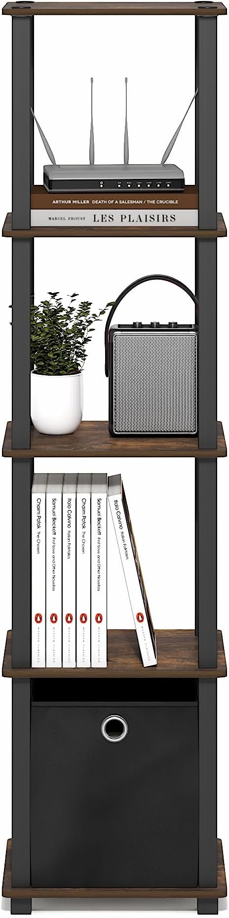 Furinno Turn-N-Tube Book Shelf, 5-Tier Square Open Frame Display Shelf, Corner Storage Shelves with Storage Bin, Shelving Unit, for Organization, Living Room, Garage, Home Office, Amber Pine