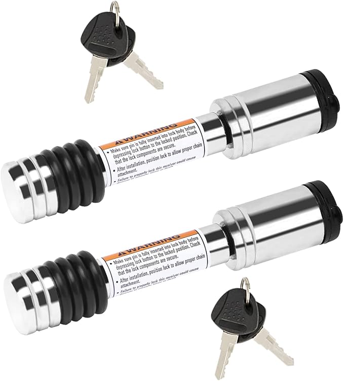 METOWARE Chrome Trailer Hitch Lock, 5/8" Dia Barbell-Style Locking Hitch Pin, Towing Hitch Receiver Lock with Anti-Rattle, Fits 2" Receiver Tubes, Class III & IV Hitch Receivers (2 Pack Keyed Alike)
