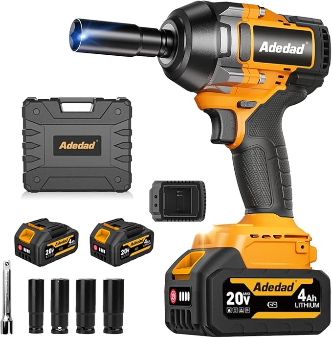 1000N.m Cordless Impact Wrench 1/2 inch,20V 740ft-lbs High Torque Impact Gun with 2 x 4.0 AH Batteries,Sockets and Case,Brushless Power Impact Driver for Automotive and Heavy Duty Use