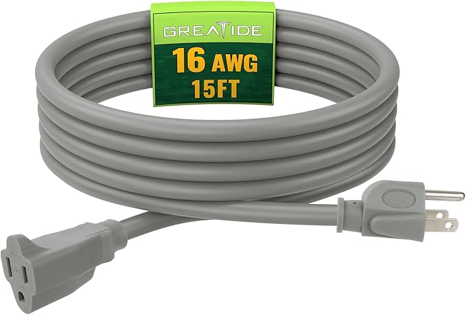 Indoor Outdoor Extension Cord 15 FT, 16/3 SJTW Weatherproof Grey Electrical Cords, 13 AMP Heavy Duty 3 Prong Power Cable Great for Garden, Landscaping & Holiday Decorations