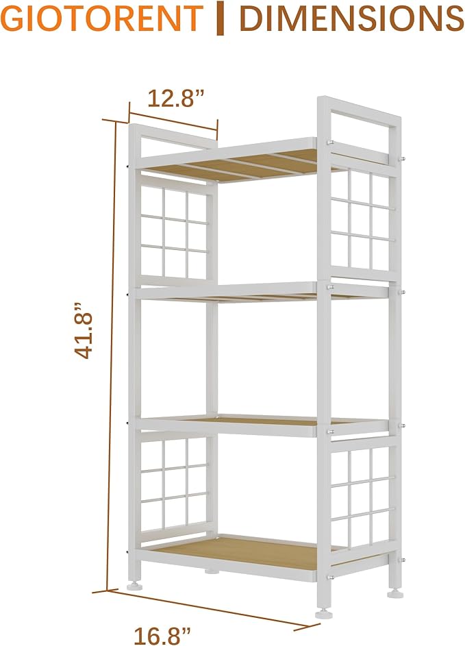 GIOTORENT 4-Tier Pantry Shelves with Wooden Boards, Heavy Duty Storage Shelves & Book Shelf, Adjustable Metal Shelving Unit for Kitchen Bathroom Laundry Organizer, Sturdy Rust-Resistant, White