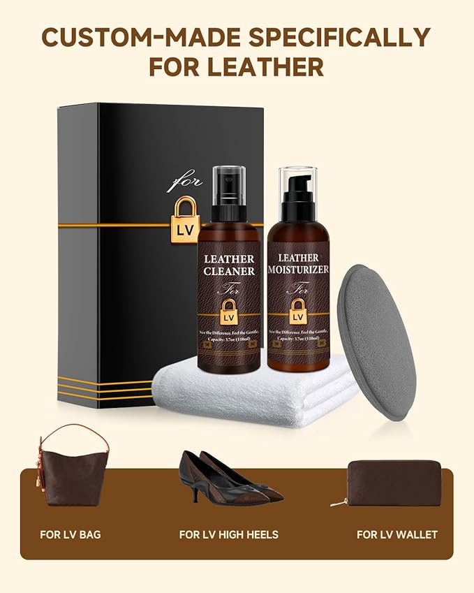 Leather Cleaner & Moisturizer Set for Louis Vuitton, Cleaning and Maintenance Set for LV, Powerful Stain Removal, Gentle Care, Suitable for LV Handbags/Wallets and Other Luxury Brands