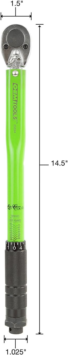 OEMTOOLS 25694 3/8” Drive Click-Style Torque Wrench | Green | 14.5” Long | 10-80 Ft-Lb (13.558-108.47 Nm) | Accurate to +/- 4% | Knurled Handle for a Secure Grip | Clicks at Desired Torque