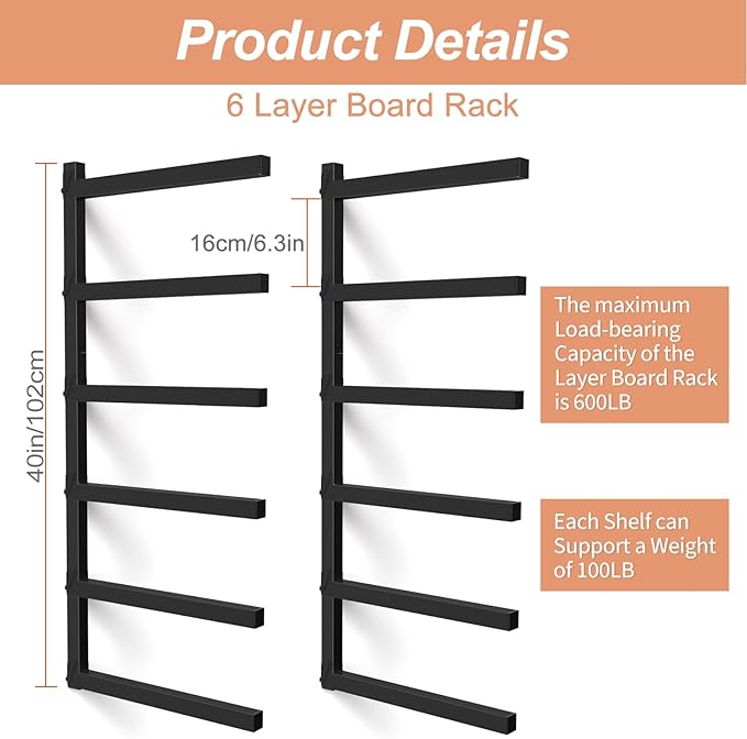 Nandae 2 Pack 6-Level Wall Mount Lumber Storage Metal Rack Wood Organizer, Heavy Duty Wood Storage Solution for Workshop or Garage (Black)