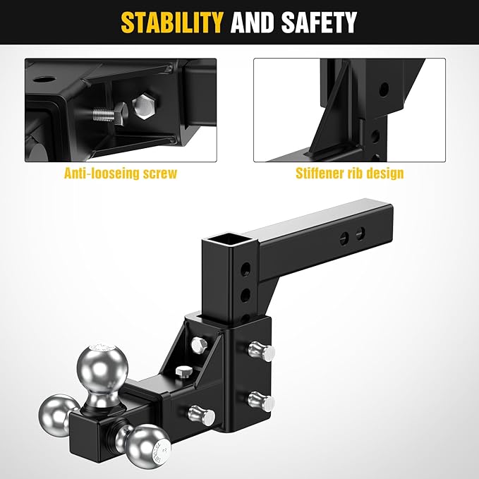 Nilight Adjustable Trailer Hitch Ball Mount Fits 2'' Receiver Tri-Ball 1-7/8''-6000LBS 2''-7500LBS 2-5/16''-10000LBS Capacity Chrome Trailer Ball Hitch with Solid Shank