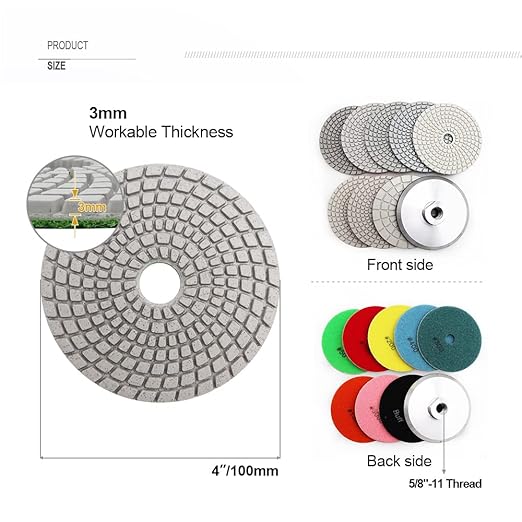 SHDIATOOL Diameter 4 - Inch/100mm Diamond Polishing Pads Wet Set of 8Pcs Plus an 5/8"-11 Aluminum Backer for Marble Granite Stone Countertop Quartz Stone Sanding Disc for Grinder, Polisher