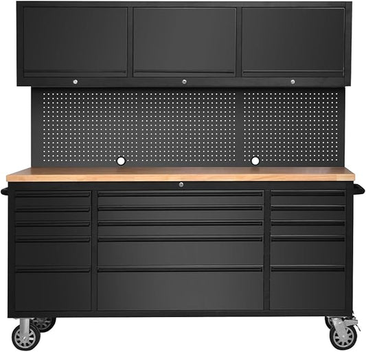 GarveeTech 72-Inch Rolling Tool Cabinet with 15 Drawers, 3 Top Cabinets & Pegboard – Mobile Garage Tool Organizer with Anti-Slip Liner for Warehouse and Repair Shop