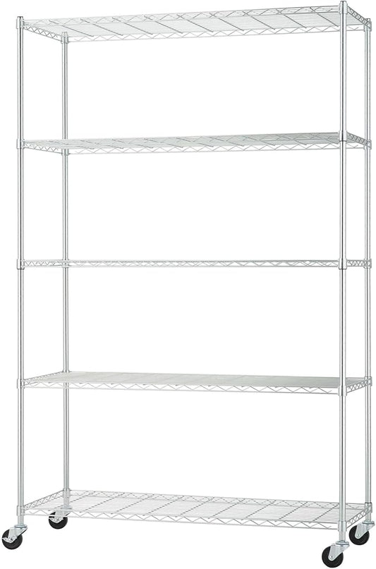 5-Tier Adjustable Wire Shelving with Wheels, Wire Shelf Rack for Kitchen Organization, Garage Storage, 400 to 2000 Pound Capacity, NSF Certified, 48” x 18” x 72”, EcoStorage Chrome