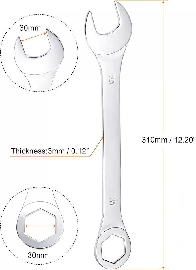 uxcell Thin Combination Wrench with Offset 6-Point End and Angled Open End, Metric Mirror-Chrome Plated High Carbon Steel, for Household Repairs, 30mm