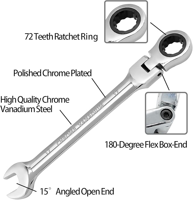 17mm Flex Head Ratchet Wrench, 12 Point Chrome Vanadium Steel Combination Spanner with 72 Tooth Ratcheting Gear, Metric Industrial Grade Tool for Automotive and Mechanical Maintenance