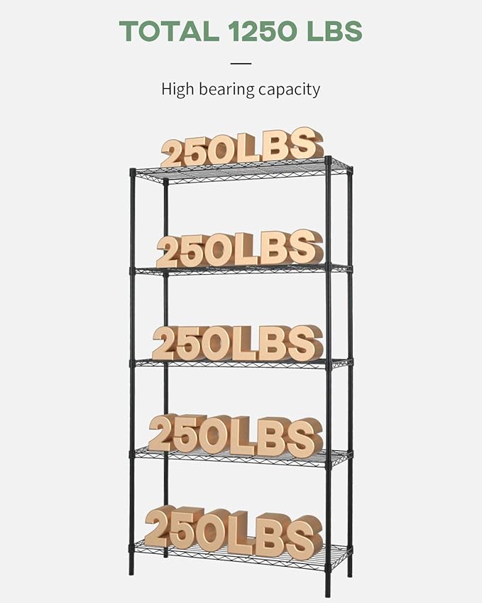 FDW 14" D x 36" W x 72" H 5-Shelf Wire Shelving Adjustable Metal Shelf Large Storage Shelves Heavy Duty Height Commercial Grade Steel Layer Shelf 1250 LBS Capacity,Black