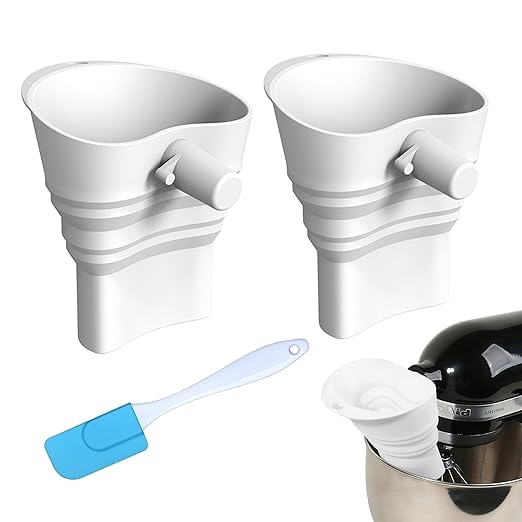 2-Pack Stand Mixer Funnel Set with Scraper | Upgraded Funnels & Extended Measuring Cup for 4.5-7 Quart Mixers | Effortless Pouring, Scraping & Cleaning Kit
