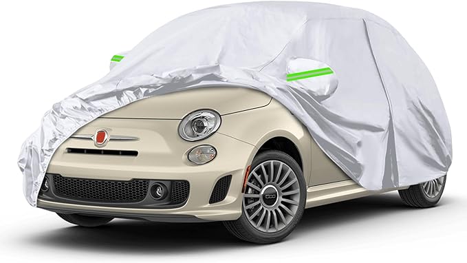 Waterproof Car Covers Replace for 2007-2024 Fiat 500/500C, 6 Layers Silver All Weather Car Cover with Zipper Door & Windproof Bands for Snow Rain Dust Protection