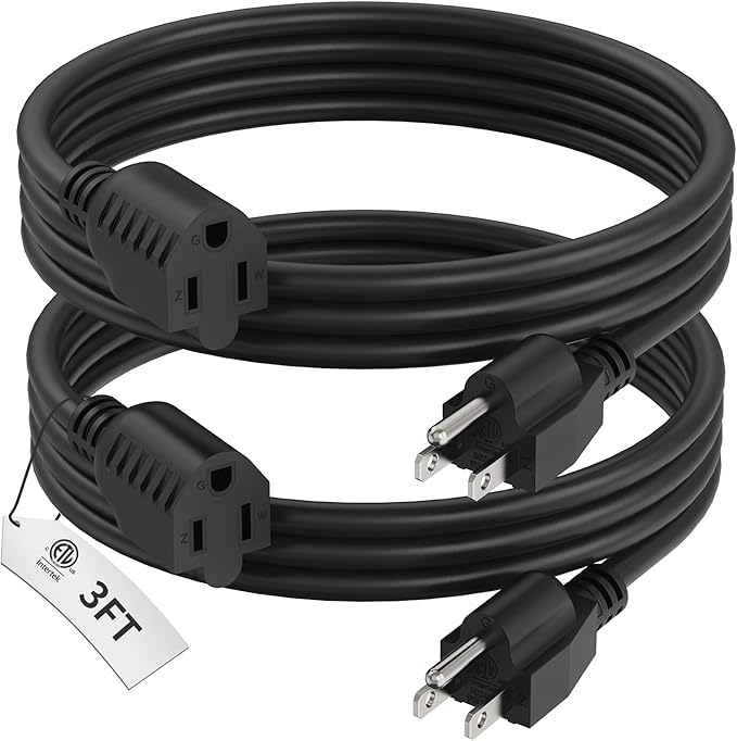 PLUGTUL 3 FT Extension Cord Black, 2-Pack Short Power Cord, Indoor/Outdoor 16 Gauge 3 Prong Grounded Wire ETL Listed, 13A 1625W 125V SJTW