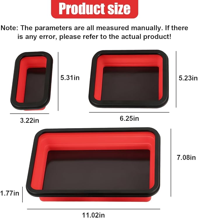 3PCS Collapsible Magnetic Parts Tray Set, Silicone Foldable Magnetic Tool Tray in 3 Different Size for Storage Organizer Screw Bolts Washers Nuts Pins & Other Small Metal Parts (Red)