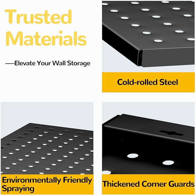 74PCS Pegboard Wall Organizer, 4 Pack Metal Pegboard Panels with 70 Hooks, 32" x 24" or 64" x 12" Black Peg Board for Walls, Garage, Craft Room, Cold-Rolled Steel