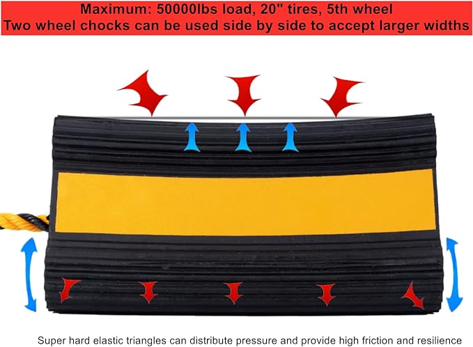 Wheel Chock Heavy Duty Rubber Trailer Wheel Chocks with Yellow Reflective Visibility Tape and Yellow Nylon Rope for Concrete Slopes or Ground Leveling (4 Pack)