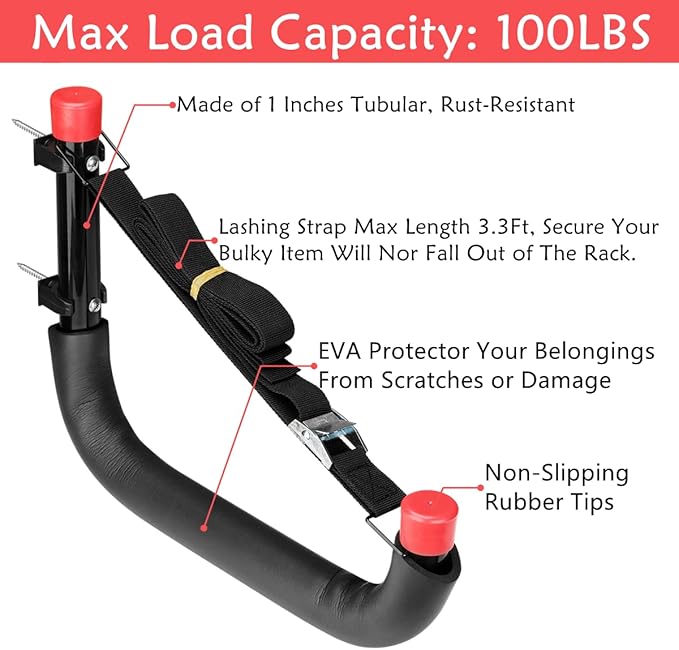 Heavy Duty Garage Storage Hooks, 13 Inch Arm Large Wall Mount Hanger with EVA Protector, Naikozmo Garage Racks & Organizer for Ladders, Folding Chairs, Kayak, Surfboard, Garden Tool Black + Red