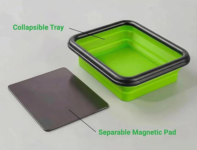 Collapsible Magnetic Parts Tray Set of 3 Different Size, Foldable Silicone Tool Trays for Screws, Bolts, Nuts and Other Small Metal Parts (Green)