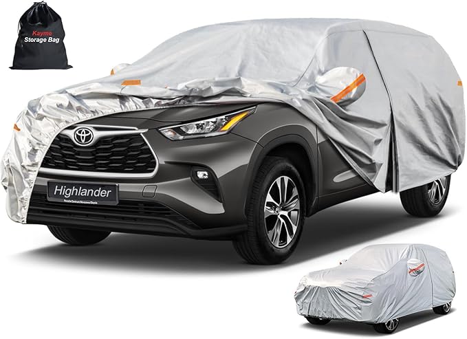 Kayme 6 Layers SUV Car Cover Custom Fit for Toyota Highlander (2007-2025) Waterproof All Weather for Automobiles, Outdoor Full Cover Rain Sun UV Protection.Silver