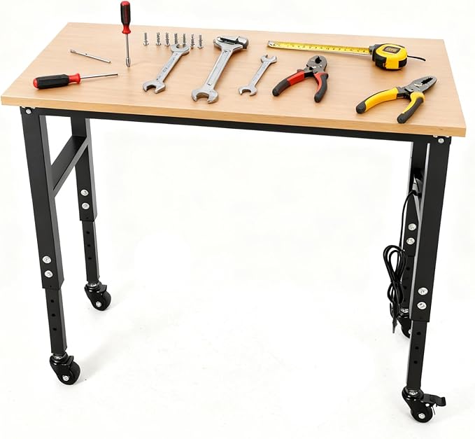 48" Adjustable Workbench with Power Outlet & Wheels, Heavy-Duty 48 x 24 in Work Bench, 2500 lbs Load Capacity for Garage, Workshop & Home