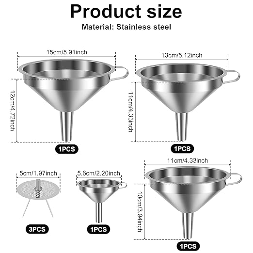7 Pack Stainless Steel Funnel Set, 4 Sizes (5.91" 5.12" 4.33" 2.2") 304 Metal Kitchen Funnels with 3 Fine Mesh Strainers for Filling Bottles, Oil, Juice, Coffee, Milk, Tea