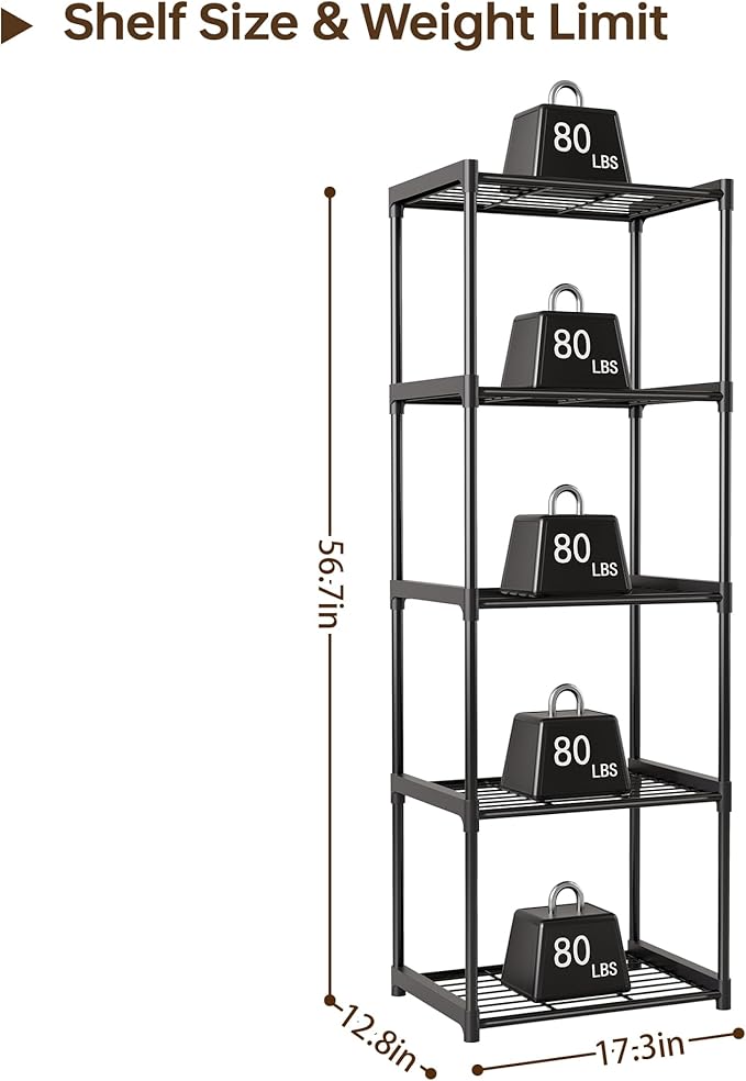 5-Tier Storage Shelves with Plastic Connectors – Metal Shelf Organizer for Pantry, Closet & Bathroom, Space-Saving Sturdy Shelving Unit Rack, Black, 17.3" x 12.8" x 56.7"