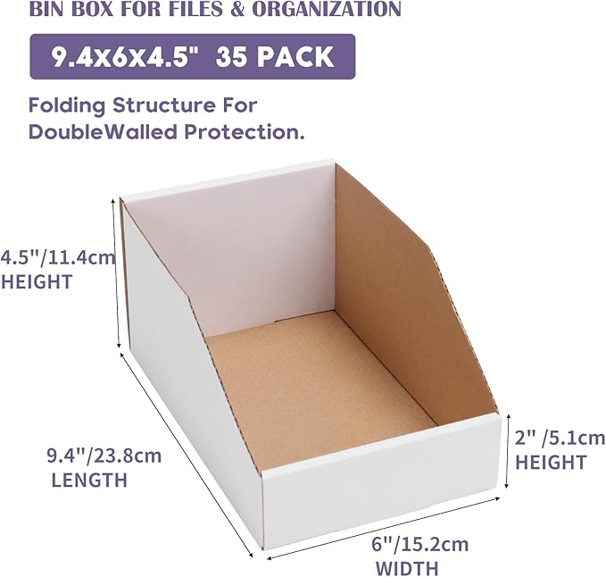 EXYGLO Cardboard Storage Bins 35 Pack, 9.4x6x4.5 Inch Cardboard Boxes, Corrugated Organizer Bins for Pantry, Shelves, Garage, Office, Shop, White