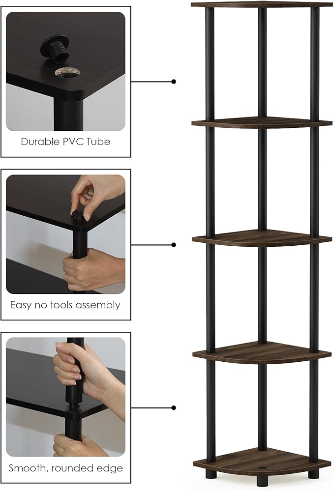 Furinno TURN-N-TUBE Corner Shelf Set of 2, 5-Tier Corner Bookshelf, Open Storage Shelves, for Organization and Storage, Living Room, Home Office, Garage, Columbia Walnut