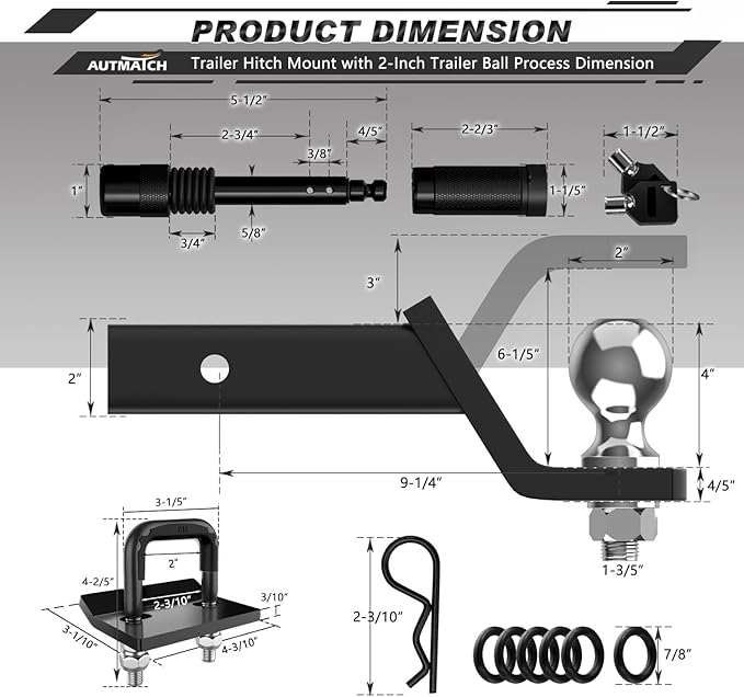 AUTMATCH Trailer Hitch Ball Mount with 2 Inch Hitch Ball - Fits 2" Receiver with Hitch Tightener, 8000Lbs Capacity Ball Hitch, 4-Inch Drop with 5/8" Hitch Lock Pin, Black