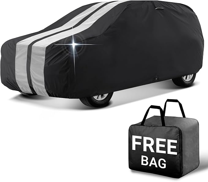 iCarCover Custom SUV Cover for Mazda Mazda2 Hatchback (2011-2014) Waterproof All Weather Rain Snow UV Sun Protector Full Exterior Indoor Outdoor Car Cover (Stripe - Black/Gray)