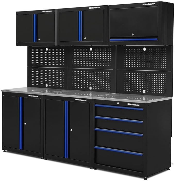 Montezuma Garage Tool Storage System - 9Piece Combo Workbench with Locking Cabinet & Stainless Steel Worktop - SC-BBC