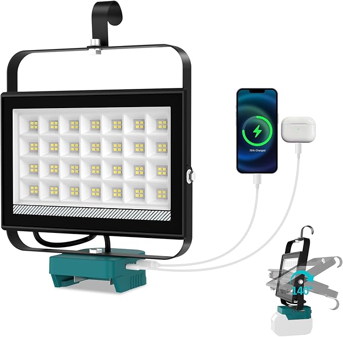 T-SUN 100W LED Work Light, Cordless Portable Light for 20V Max Battery(Not Included), Work Light with USB & Type C Charging Port, for Jobsites, Workshops, Emergency, Outdoor