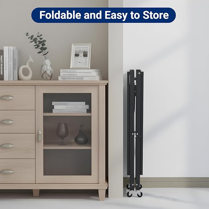 3 Tier Foldable Storage Shelves with Wheels, Metal Collapsible Organization Storage Rack, No Assembly Folding Bookshelf, Rolling Storage Rack for Kitchen, Bedroom, Pantry, Garage, Display, Black