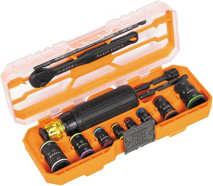 Klein Tools 65242 KNECT Impact Socket Set, Ratcheting Screwdriver Set, 1/4-Inch Drive, 4 SAE and 4 Metric Flip Sockets, 16 Hex Sizes, Adapters, MODbox Case