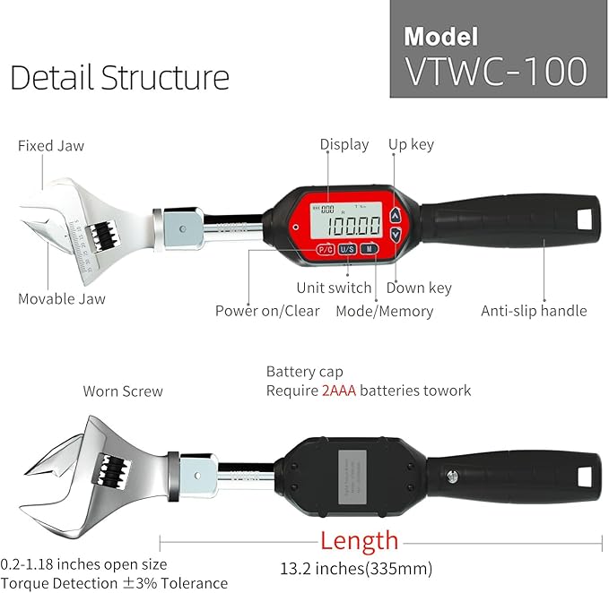 Digital Torque Wrench 5-35mm open end head interchangeable 2.2-73.7 ft-lbs (3-100 Nm) (26.5-885 inch pound) with Buzzer & LED, replaceable head Calibrated